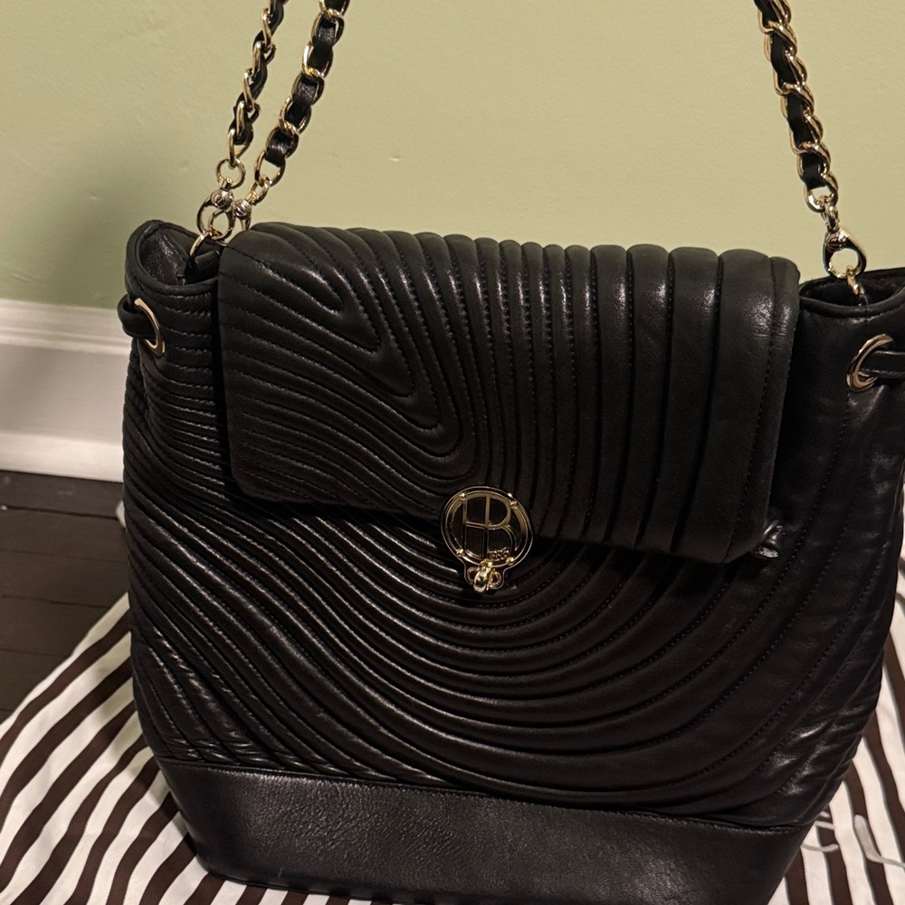 Henri Bendel Black Textured Shoulder Bag with Gold Chain